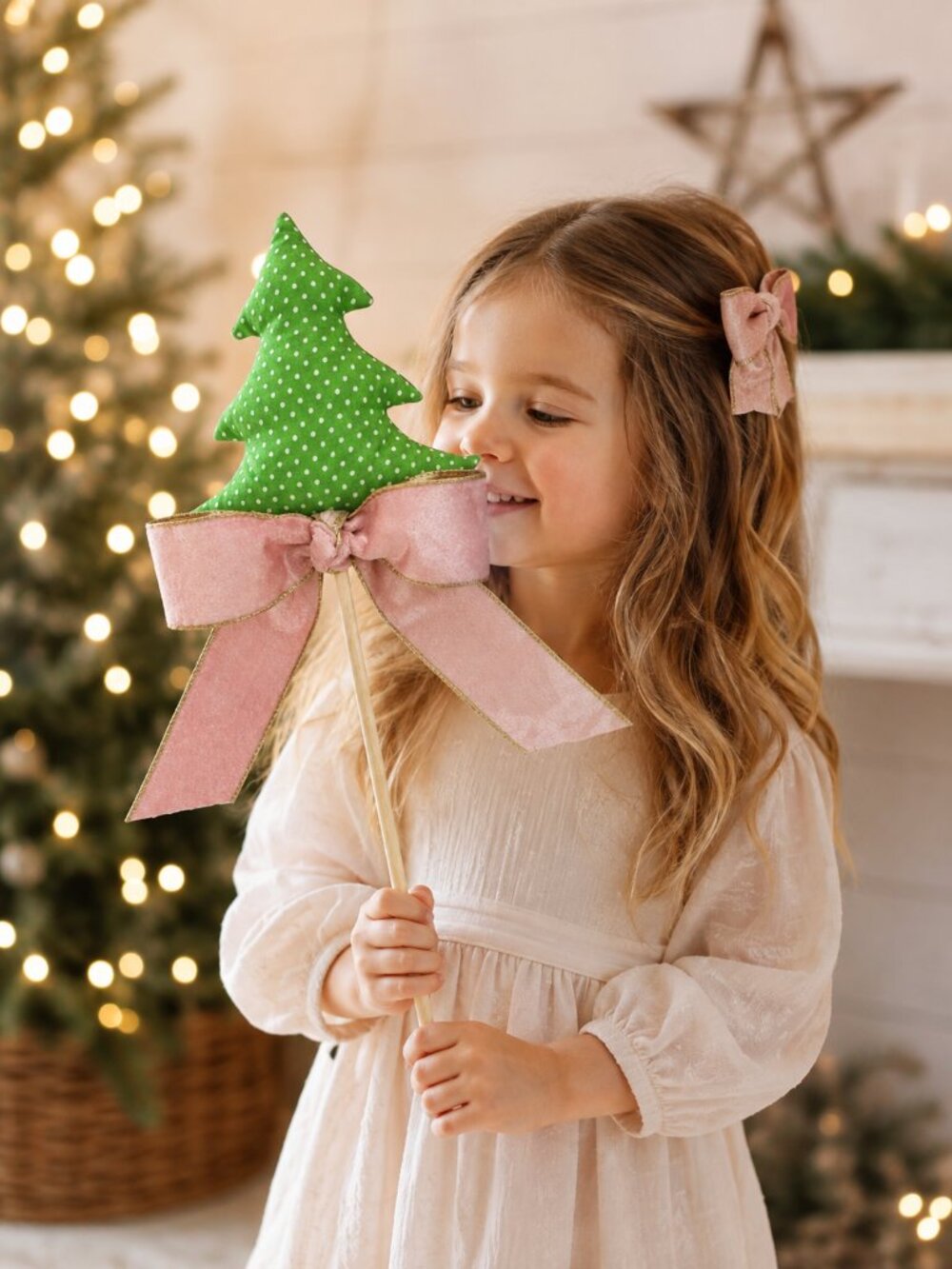 Handmade Christmas Tree Wand Photo Prop, Pink Bow Holiday Portrait Accessory, Ki